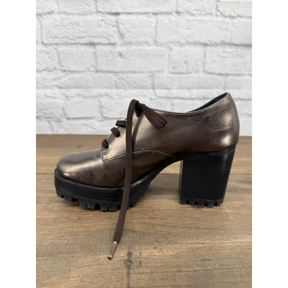 Schutz Metallic Platform Heels Womens 37 Bronze Lace Up Lug Sole Chunky Y2K
